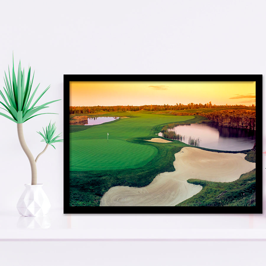 A Wide Golf Course With Water And Sand Hazards Around Under A Yellow Sky Sun Framed Art Prints Wall Decor - Painting Prints, Framed Picture