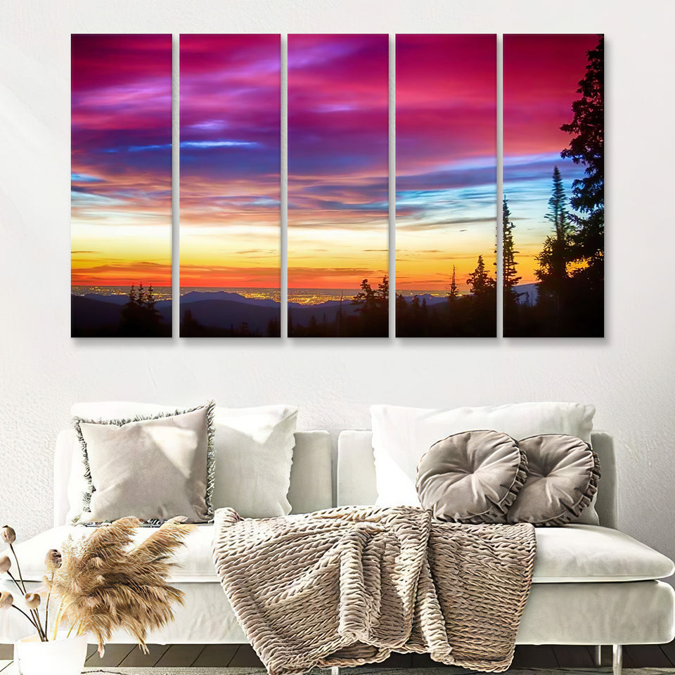 Colorful Epic Sunrise Over The City Lights Of Boulder Colorado 5 Pieces Canvas Prints Wall Art - Painting Canvas, Multi Panels