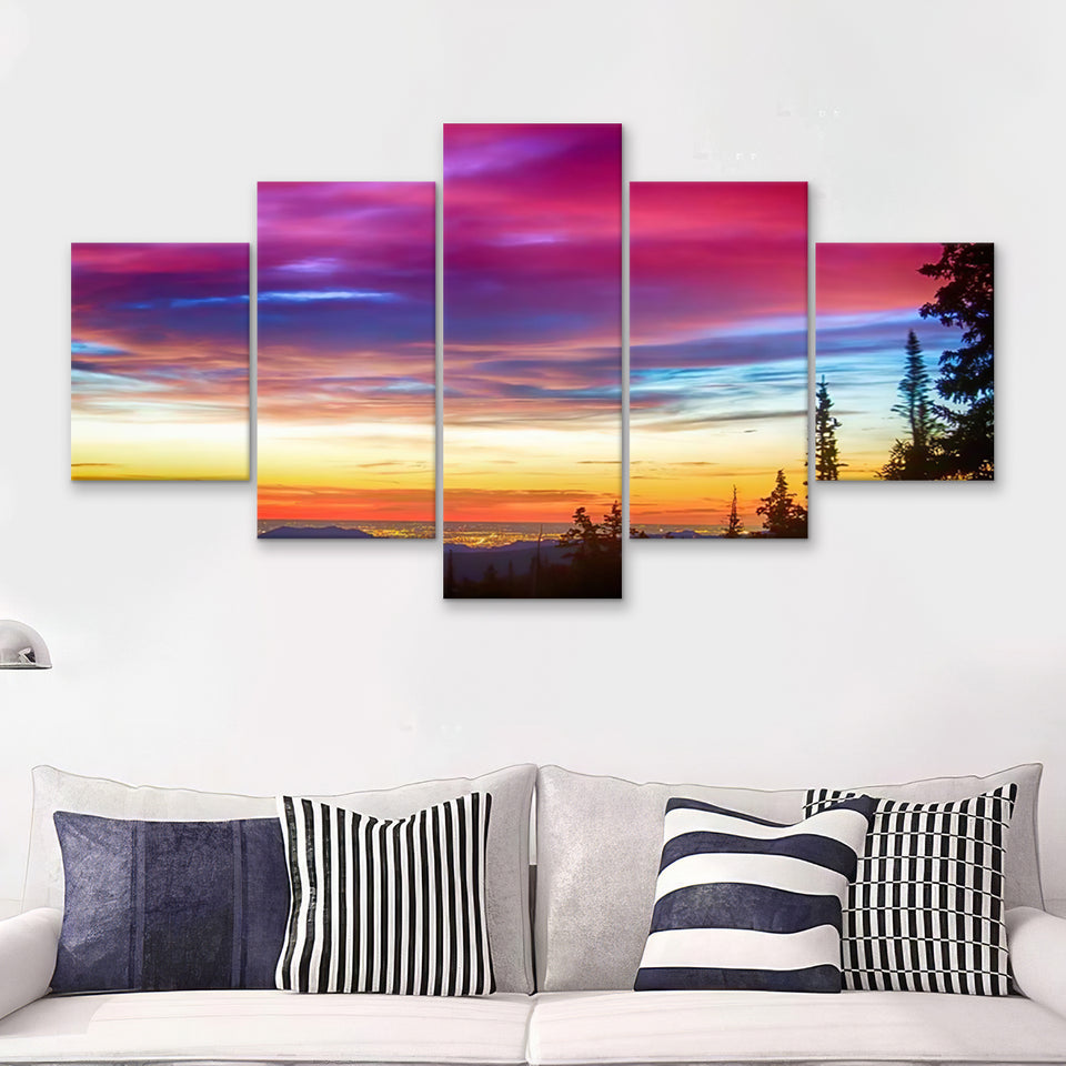 Colorful Epic Sunrise Over The City Lights Of Boulder Colorado 5 Pieces Canvas Prints Wall Art - Painting Canvas, Multi Panels