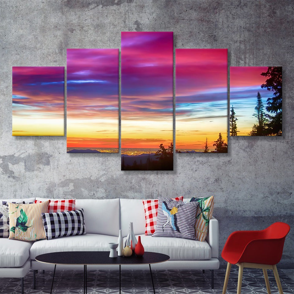 Colorful Epic Sunrise Over The City Lights Of Boulder Colorado 5 Pieces Canvas Prints Wall Art - Painting Canvas, Multi Panels
