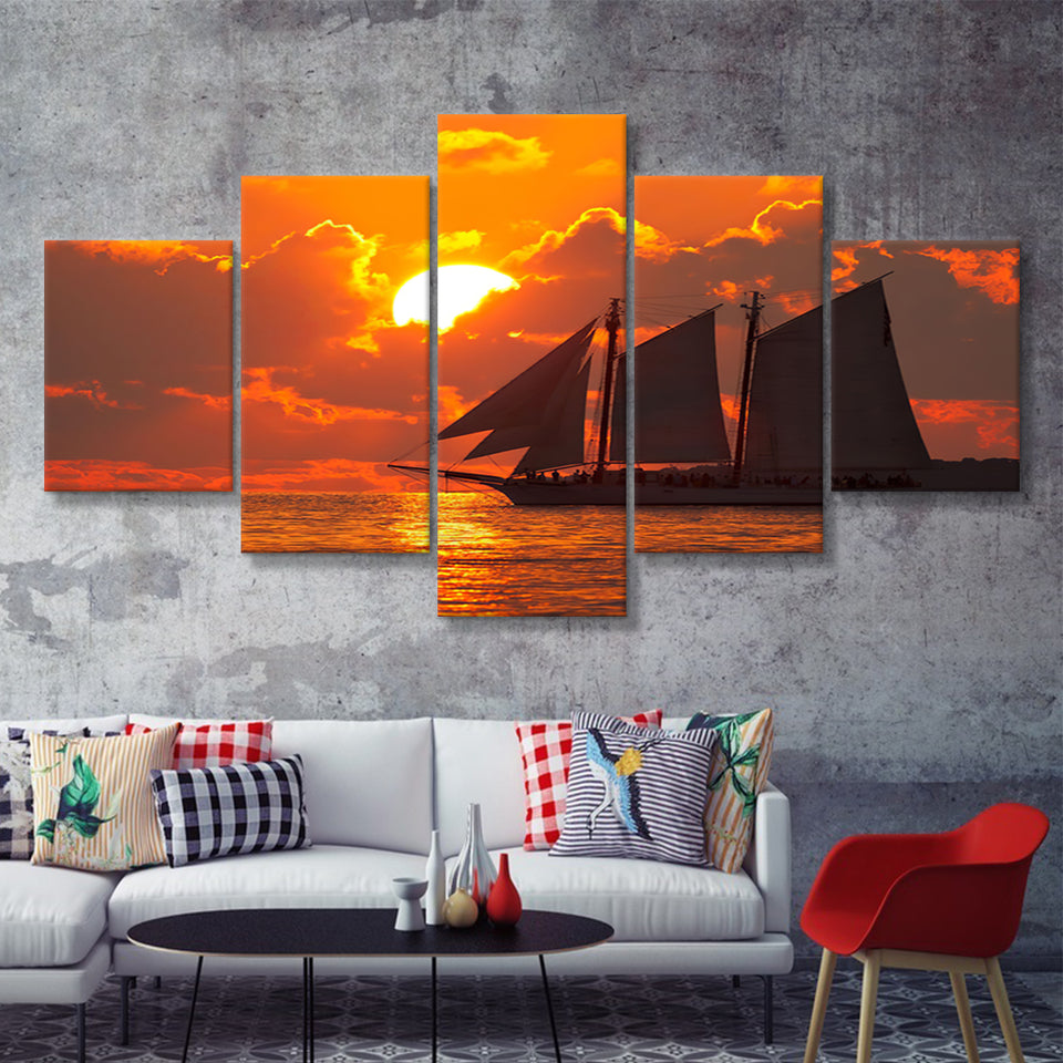 A boat sailing in front of a beautiful sunset in Key West Florida 5 Pieces Canvas Prints Wall Art - Painting Canvas, Multi Panels, Wall Decor