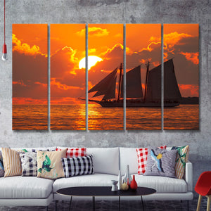 A boat sailing in front of a beautiful sunset in Key West Florida 5 Pieces Canvas Prints Wall Art - Painting Canvas, Multi Panels, Wall Decor