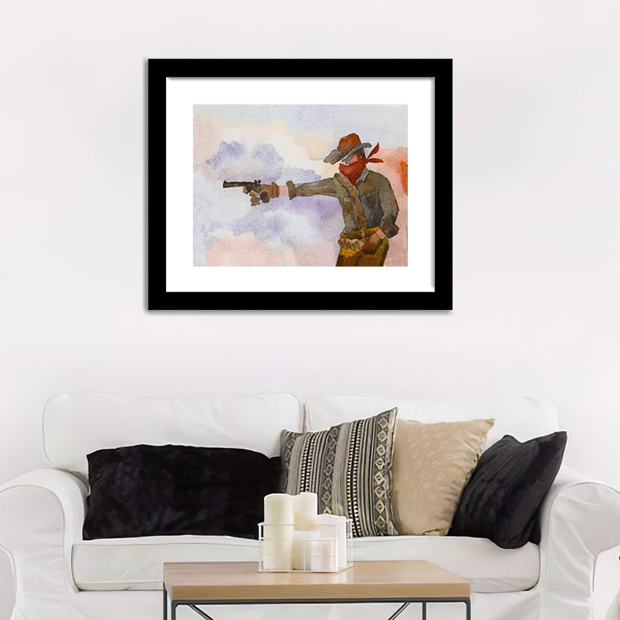 A Cowboy In A Hat Fires A Pistol Framed Wall Art - Framed Prints, Art Prints, Home Decor, Painting Prints