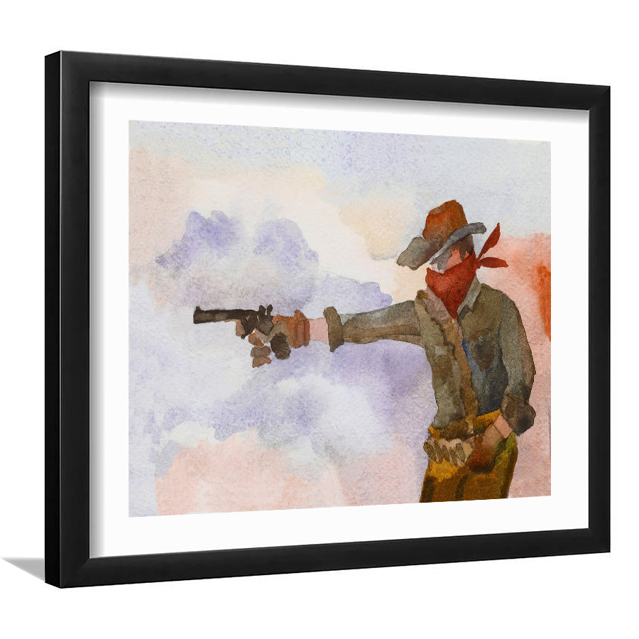 A Cowboy In A Hat Fires A Pistol Framed Wall Art - Framed Prints, Art Prints, Home Decor, Painting Prints