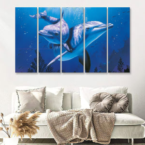 A Lovely Dolphins 5 Pieces B Canvas Prints Wall Art - Painting Canvas, Multi Panels,5 Panel, Wall Decor