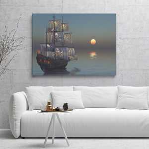 A Pirate Ship Sailing Into Sunset On A Calm Sea Canvas Wall Art - Canvas Prints, Prints For Sale, Painting Canvas