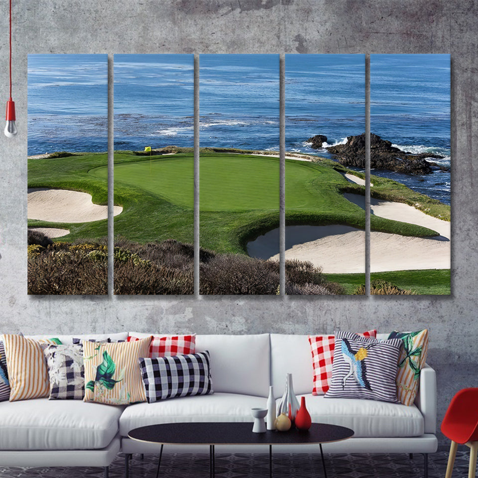 A view of hole 7 at Pebble Beach golf links 5 Pieces Canvas Prints Wall Art - Painting Canvas, Multi Panels, Wall Decor