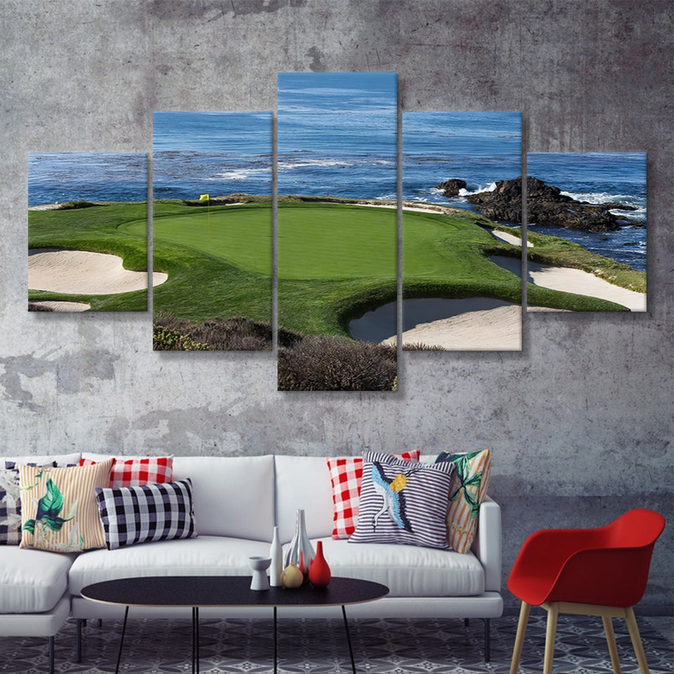 A view of hole 7 at Pebble Beach golf links 5 Pieces Canvas Prints Wall Art - Painting Canvas, Multi Panels, Wall Decor