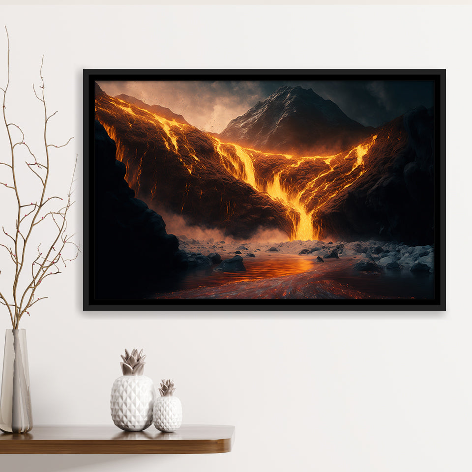 A Volcano River Erupting Gold Framed Canvas Prints Wall Art Home Decor - Painting Canvas, Black Frame, Framed Picture