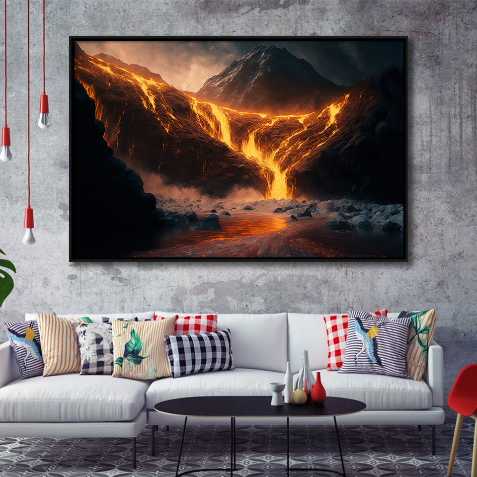 A Volcano River Erupting Gold Framed Canvas Prints Wall Art Home Decor - Painting Canvas, Black Frame, Framed Picture