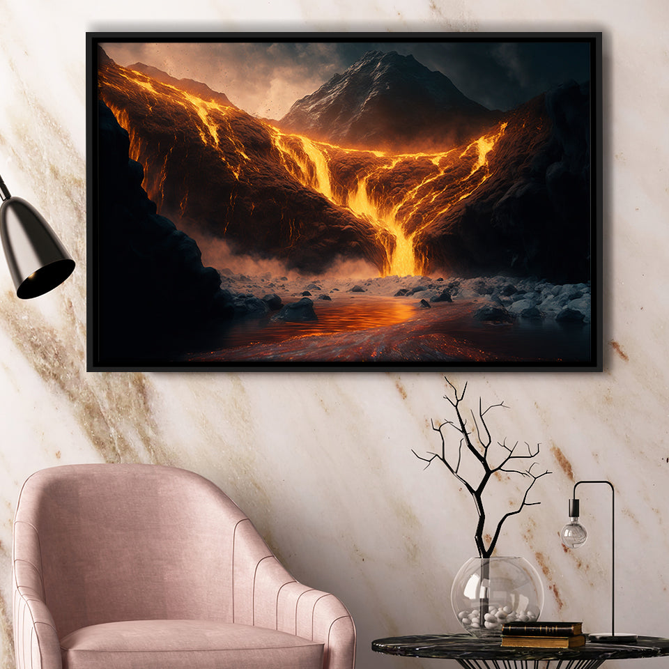 A Volcano River Erupting Gold Framed Canvas Prints Wall Art Home Decor - Painting Canvas, Black Frame, Framed Picture