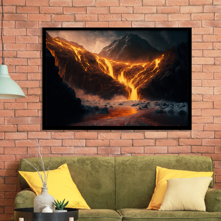 A Volcano River Erupting Gold Framed Art Prints Wall Decor - Painting Art,Framed Picture,For Sale, Ready to hang