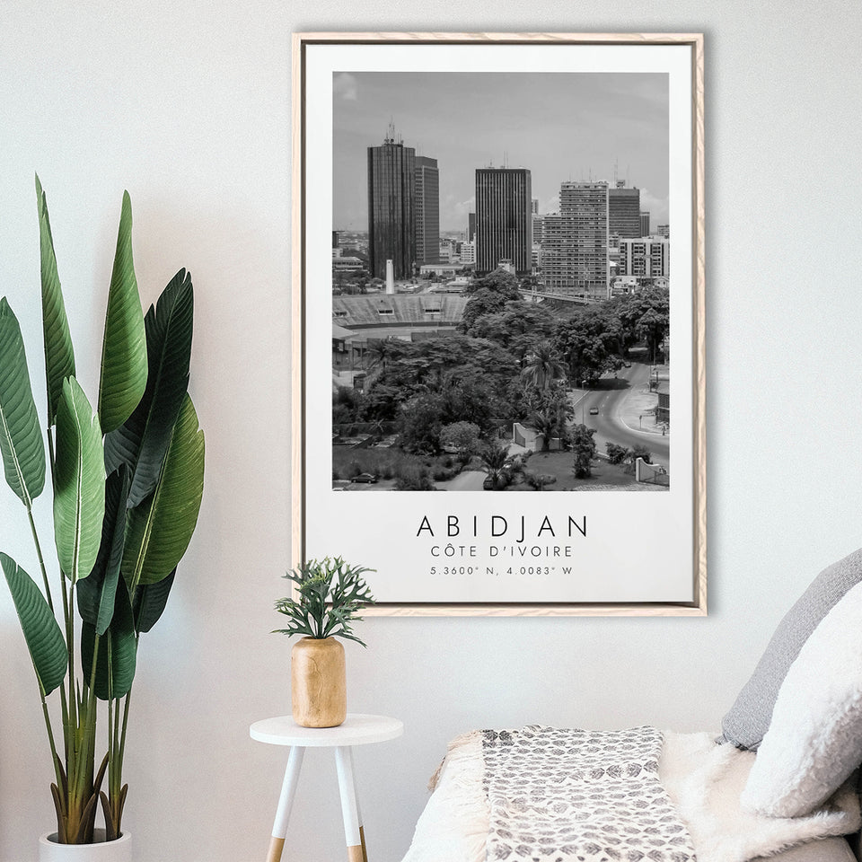 Abidjan Côte D'Ivoire Skyline Black And White Travel Photo Print Framed Canvas Prints Wall Art Home Decor, Floating Frame