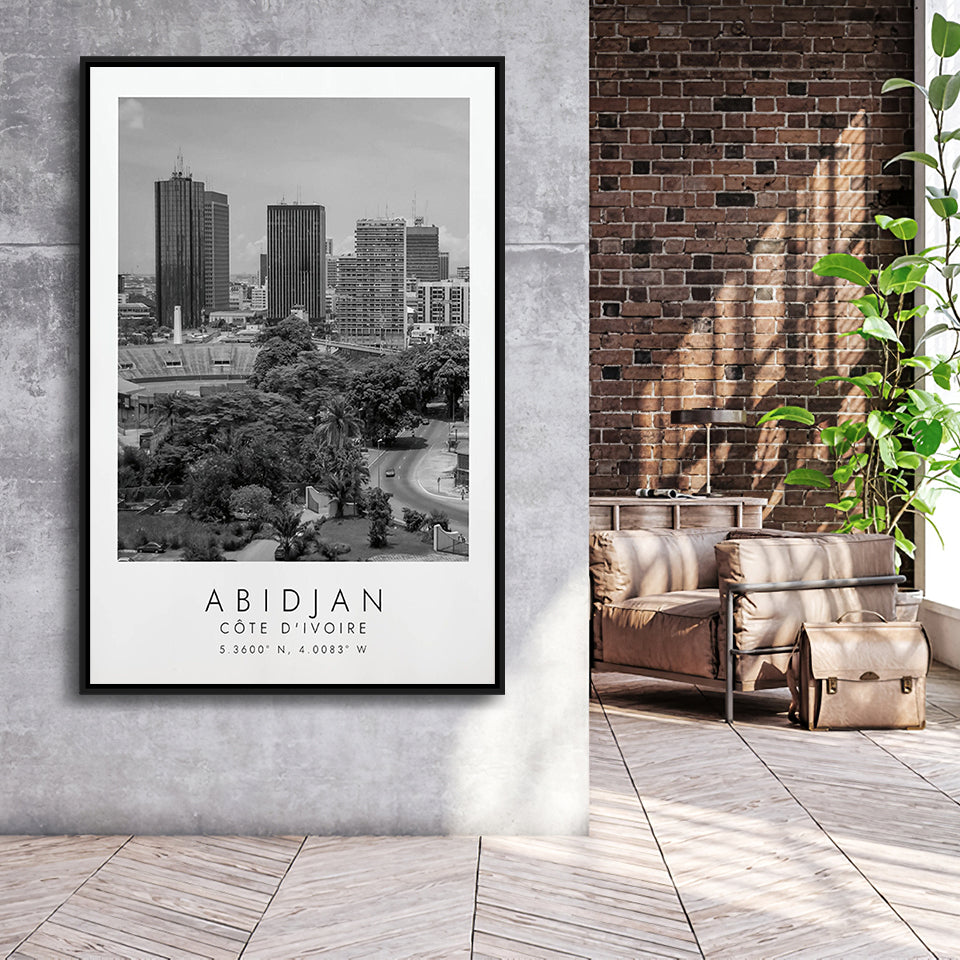 Abidjan Côte D'Ivoire Skyline Black And White Travel Photo Print Framed Canvas Prints Wall Art Home Decor, Floating Frame
