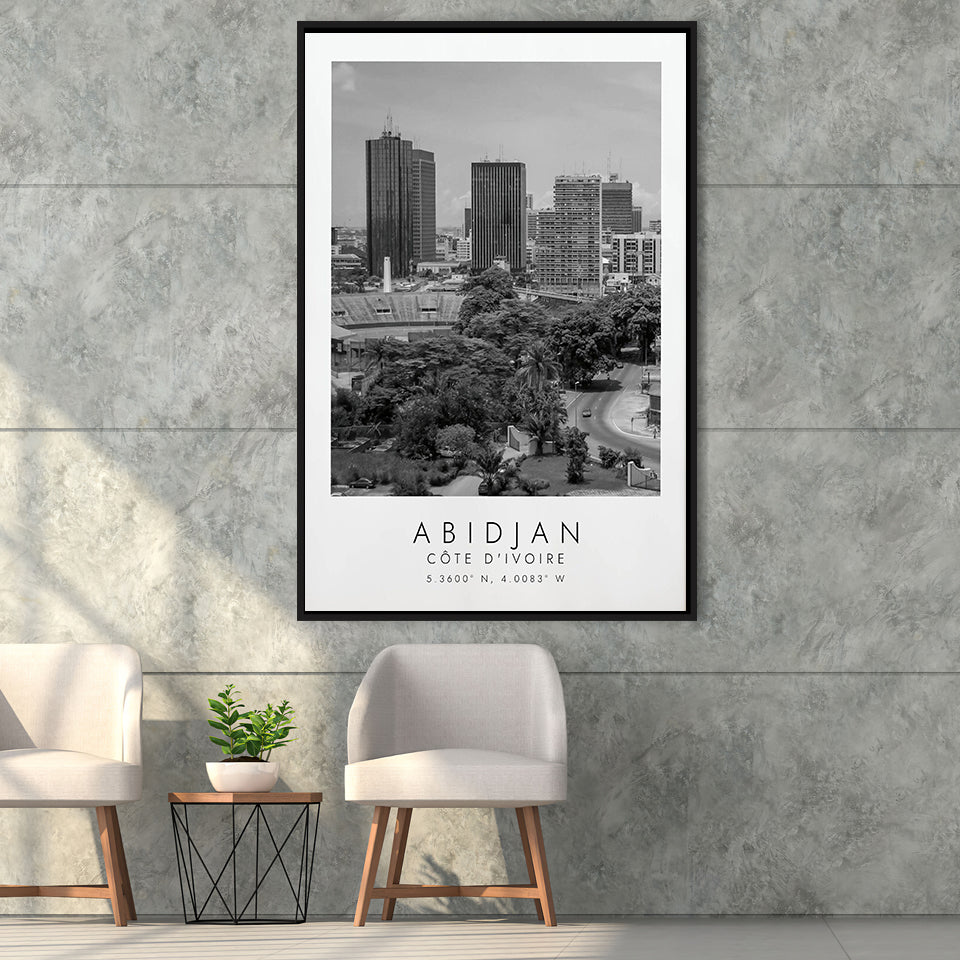 Abidjan Côte D'Ivoire Skyline Black And White Travel Photo Print Framed Canvas Prints Wall Art Home Decor, Floating Frame