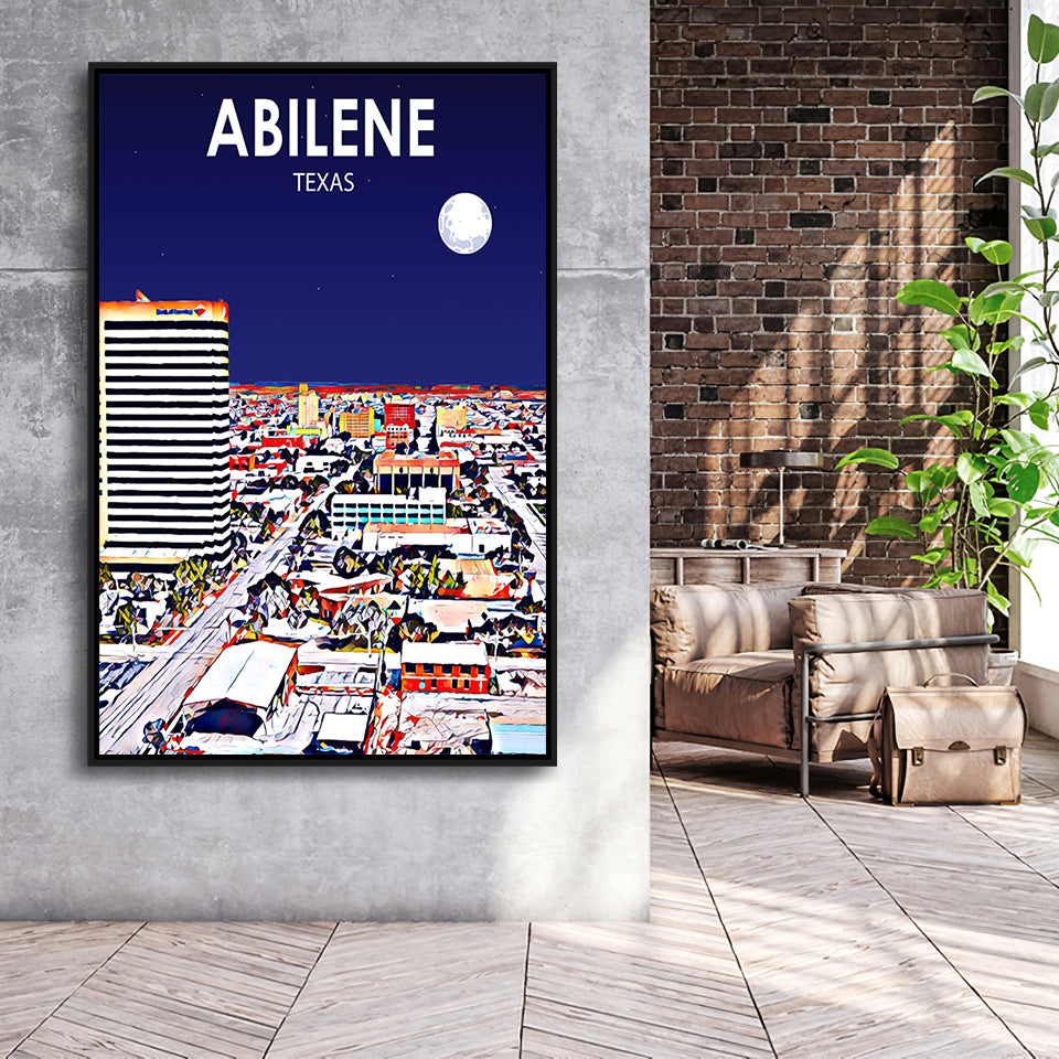 Abilene tx Art Texas Night or City Night Landscape, Large Canvas, Framed Canvas Print Wall Art Home Decor, Floating Frame