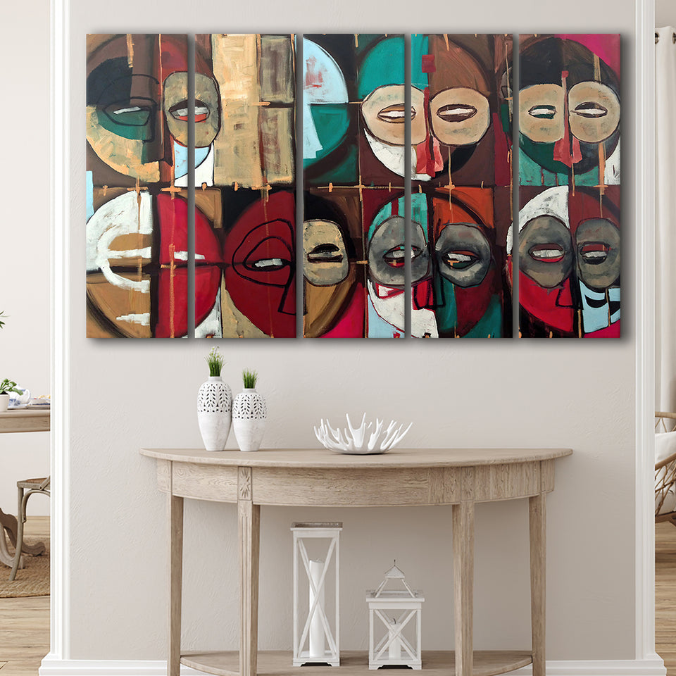 Abstract African Mask Colorful 5 Piece B Canvas Prints Wall Art, Multi Panels,Large Canvas