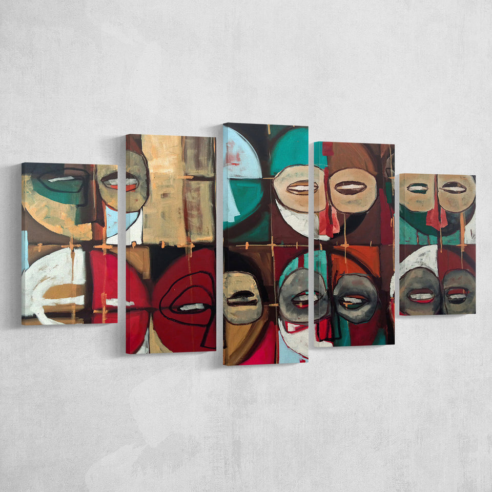 Abstract African Mask Colorful 5 Piece Canvas Prints Wall Art Decor, Multi Panels, Mixed Canvas