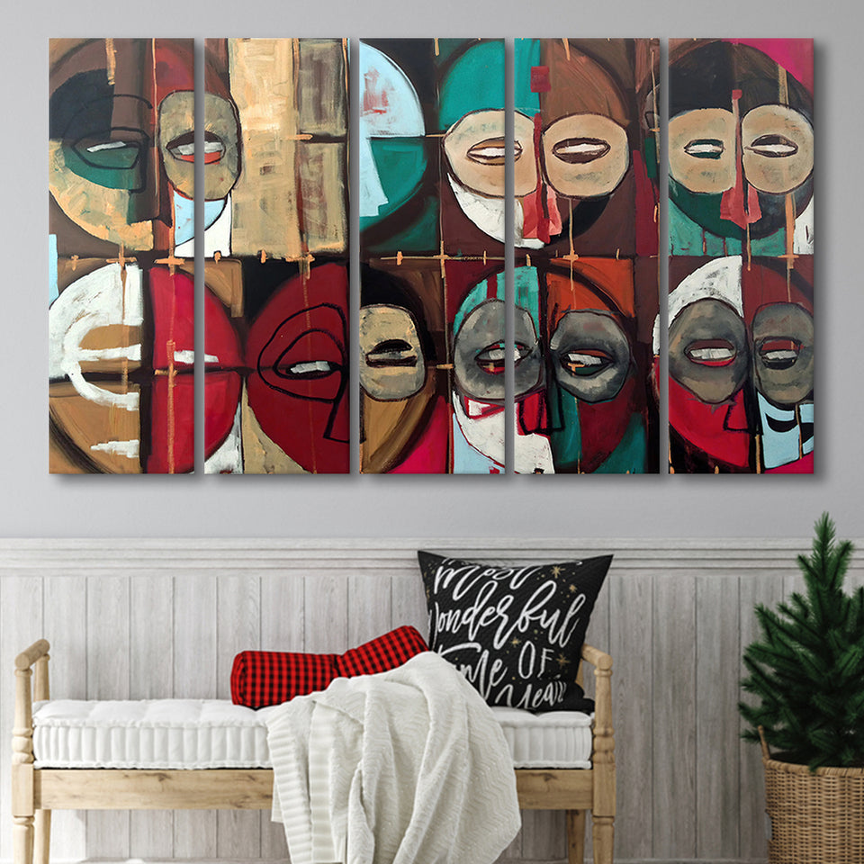 Abstract African Mask Colorful 5 Piece B Canvas Prints Wall Art, Multi Panels,Large Canvas