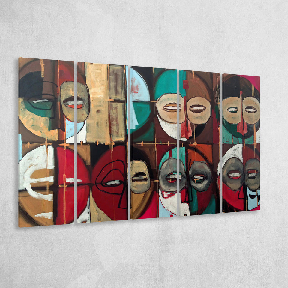 Abstract African Mask Colorful 5 Piece B Canvas Prints Wall Art, Multi Panels,Large Canvas