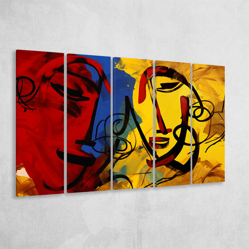 Abstract Art Couple Face Colorful 5 Panels B Canvas Prints Wall Art Home Decor, Extra Large Canvas