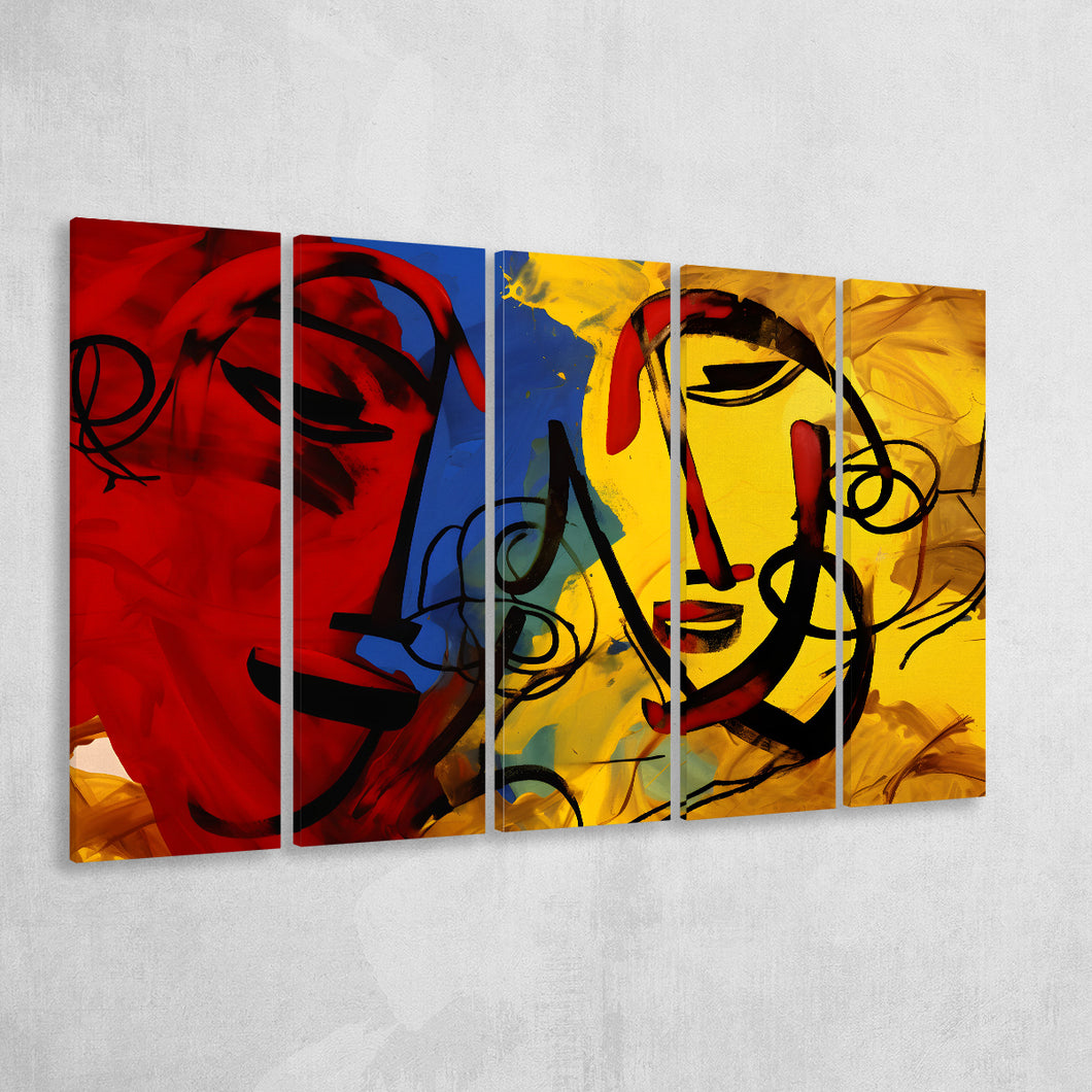 Abstract Art Couple Face Colorful 5 Panels B Canvas Prints Wall Art Home Decor, Extra Large Canvas