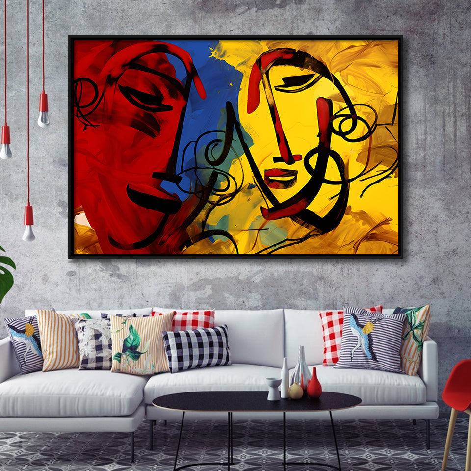 Abstract Art Couple Face Colorful Framed Canvas Prints Wall Art Home Decor, Painting Canvas, Floating Frame