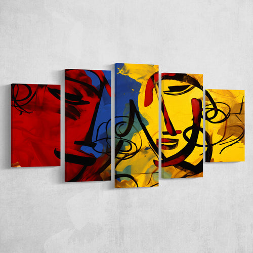 Abstract Art Couple Face Colorful 5 Panels Canvas Prints Wall Art Home Decor, Large Mixed Canvas