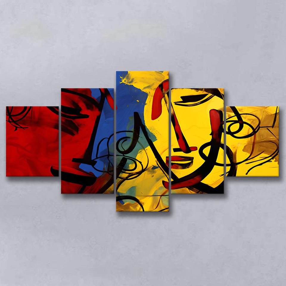 Abstract Art Couple Face Colorful 5 Panels Canvas Prints Wall Art Home Decor, Large Mixed Canvas