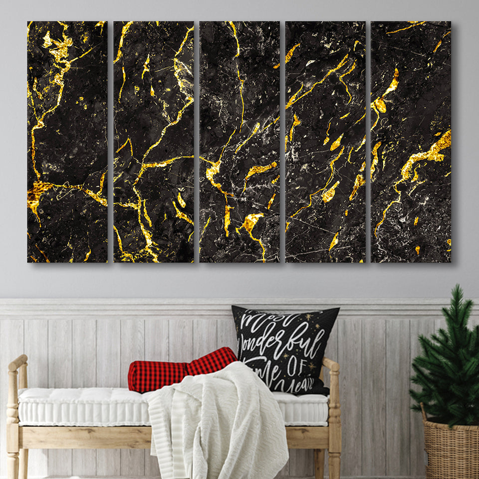 Abstract Black Marble Ink Painted Gold, Abstract Painting 5 Panels B,Large Canvas,Canvas Prints Wall Art Home Decor