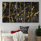 Abstract Black Marble Ink Painted Gold, Abstract Painting 5 Panels B,Large Canvas,Canvas Prints Wall Art Home Decor