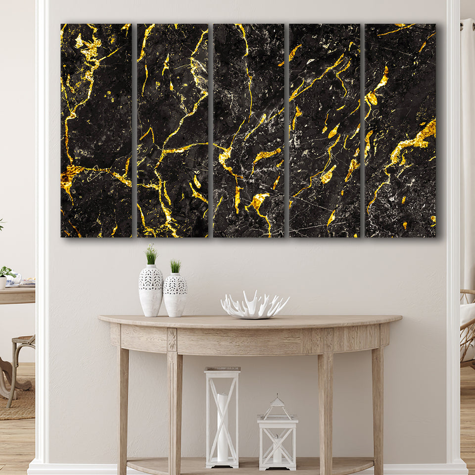 Abstract Black Marble Ink Painted Gold, Abstract Painting 5 Panels B,Large Canvas,Canvas Prints Wall Art Home Decor