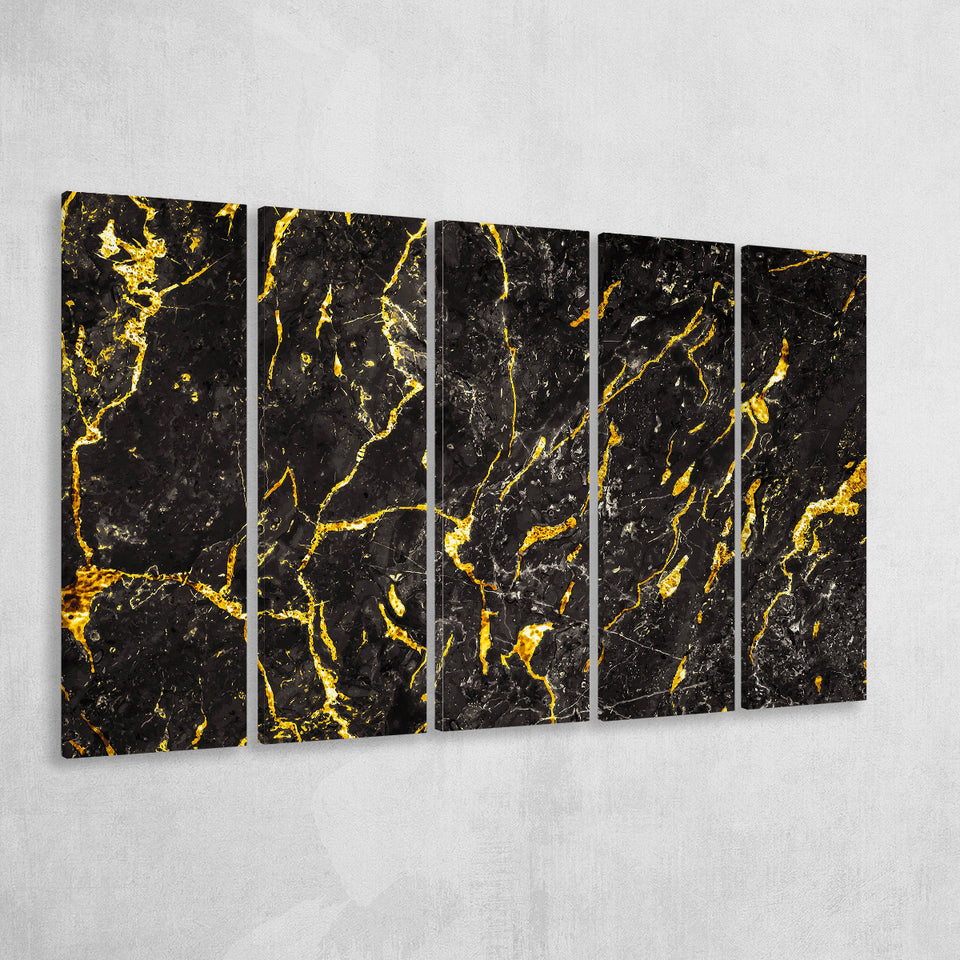 Abstract Black Marble Ink Painted Gold, Abstract Painting 5 Panels B,Large Canvas,Canvas Prints Wall Art Home Decor