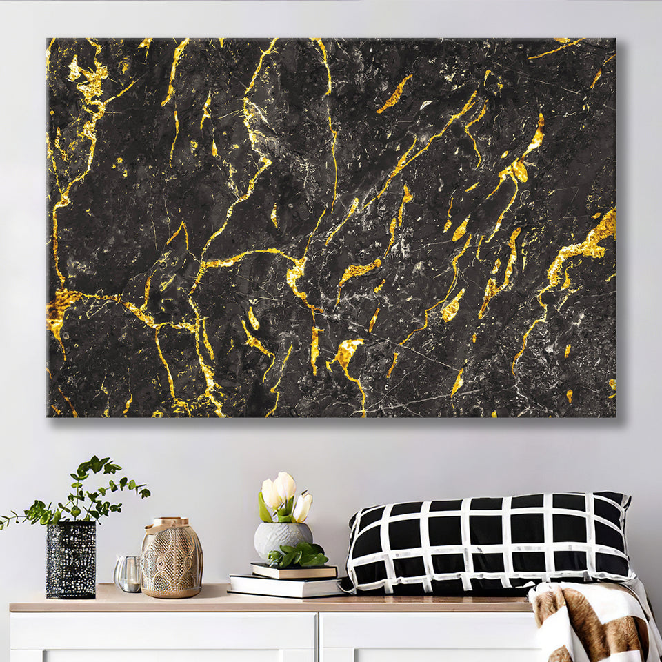 Abstract Black Marble Ink Painted Gold, Abstract Painting Canvas Prints Wall Art Decor - Painting Canvas, Ready to hang