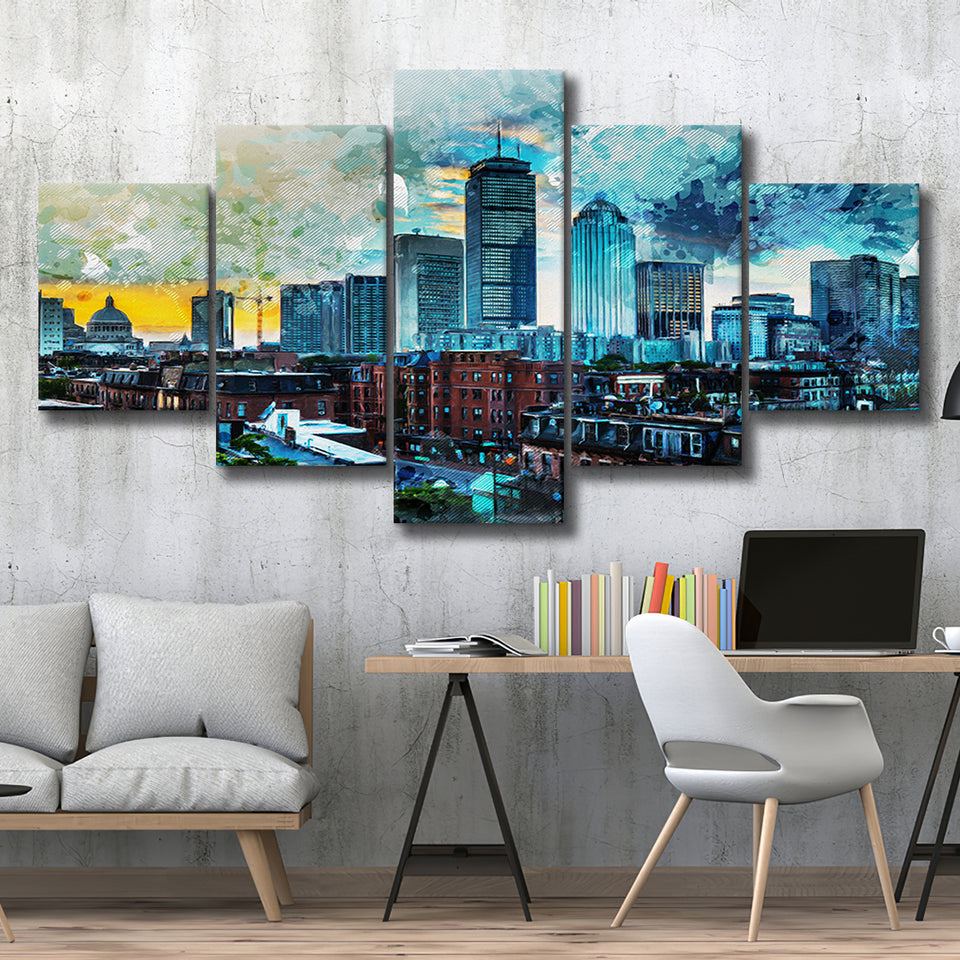 Abstract Boston 5 Pieces Canvas Prints Wall Art Decor - Painting Canvas, Mixed Canvas, Multi Panels
