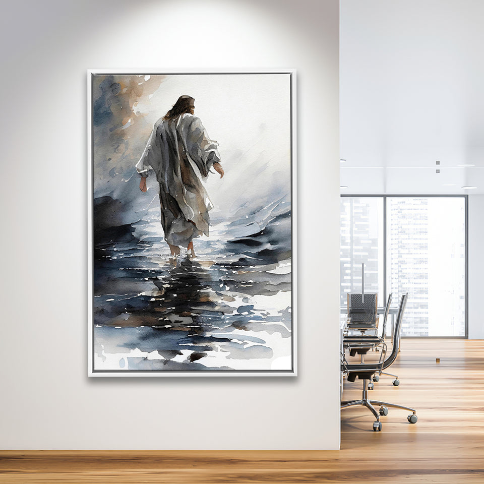 Abstract Christ Walking On Water Inspiring Watercolor, Framed Canvas Prints Wall Art Home Decor,Floating Frame, Ready to Hang