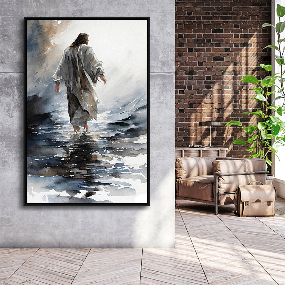 Abstract Christ Walking On Water Inspiring Watercolor, Framed Canvas Prints Wall Art Home Decor,Floating Frame, Ready to Hang
