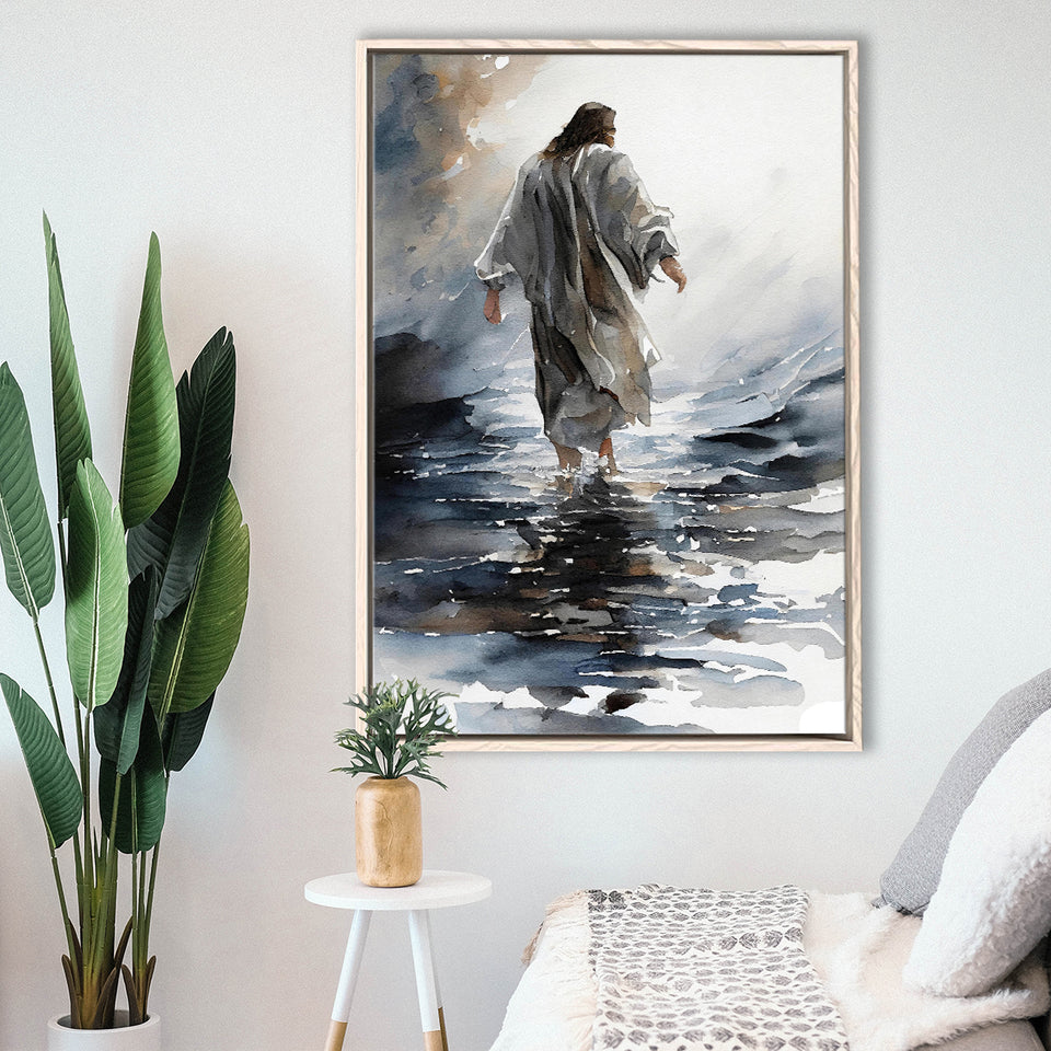 Abstract Christ Walking On Water Inspiring Watercolor, Framed Canvas Prints Wall Art Home Decor,Floating Frame, Ready to Hang