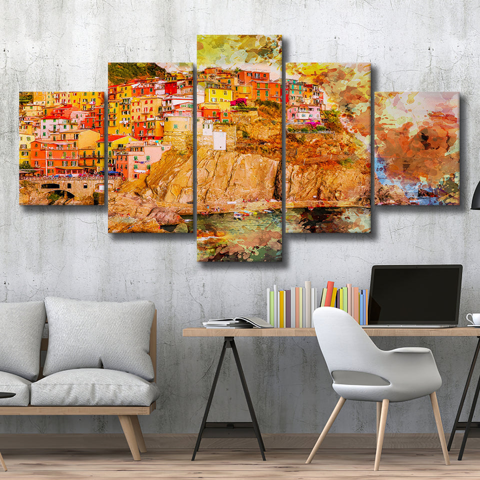 Abstract Cinque Terre Painting 5 Pieces Canvas Prints Wall Art Decor - Painting Canvas, Mixed Canvas, Multi Panels