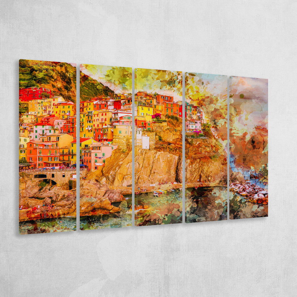 Abstract Cinque Terre Painting 5 Piece B Canvas Prints Wall Art Decor, Multi Panels,Large Canvas, Home Decor