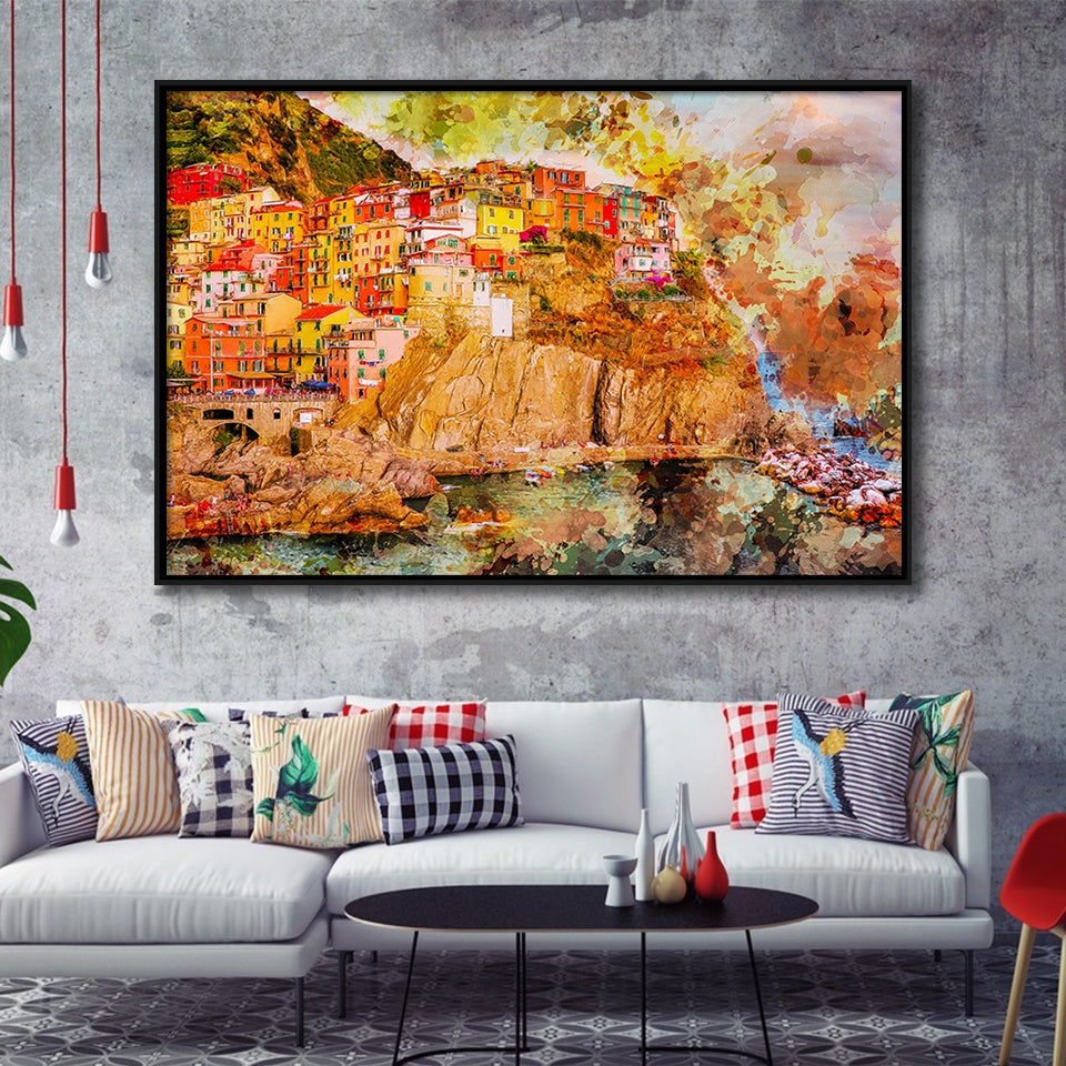 Abstract Cinque Terre Painting Framed Canvas Prints Wall Art Decor - Painting Canvas, Framed Picture, Home Decor