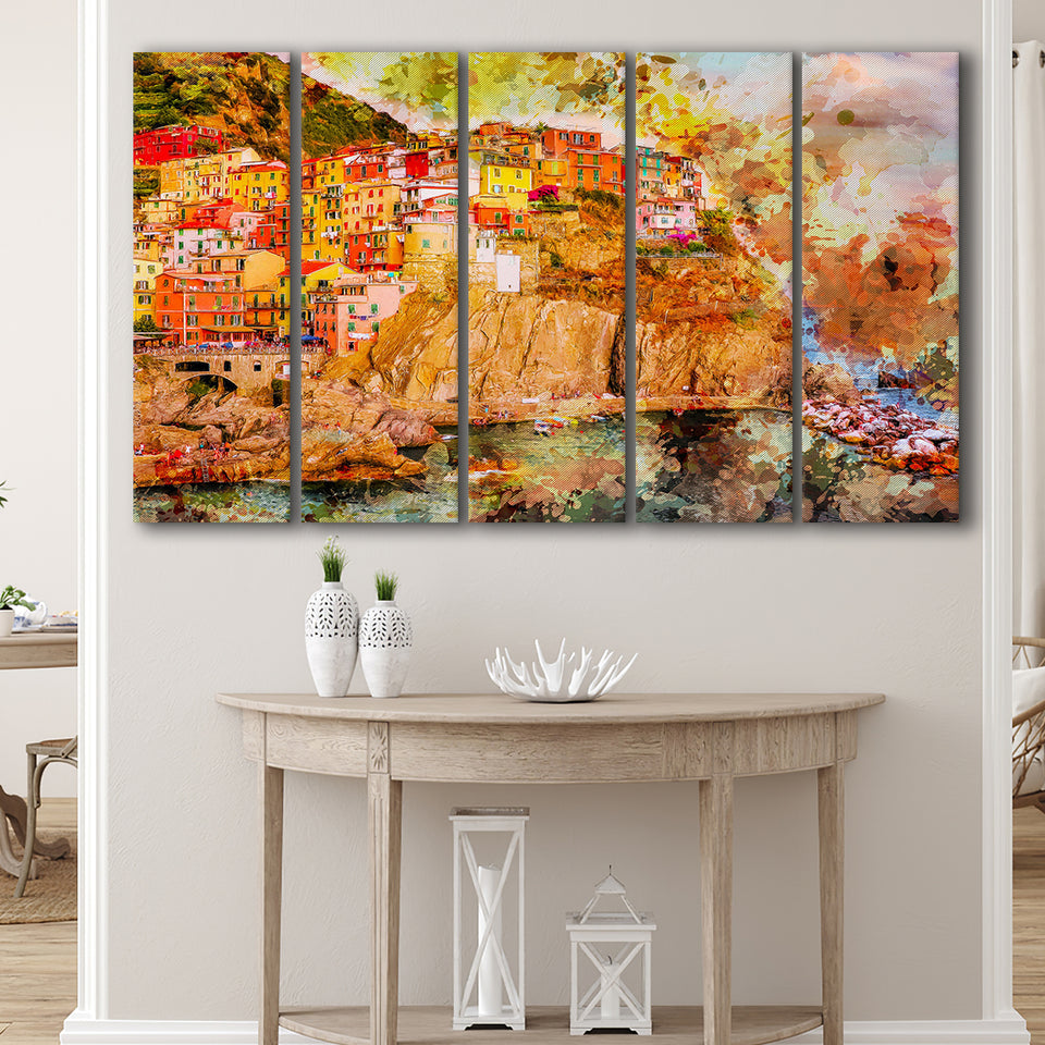 Abstract Cinque Terre Painting 5 Piece B Canvas Prints Wall Art Decor, Multi Panels,Large Canvas, Home Decor