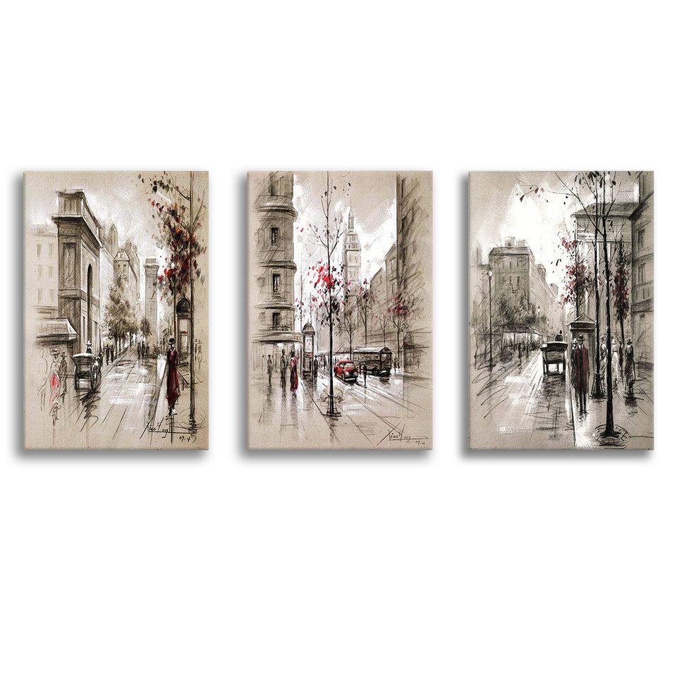 Abstract City Street Set of 3 Piece Canvas Prints Wall Art Decor