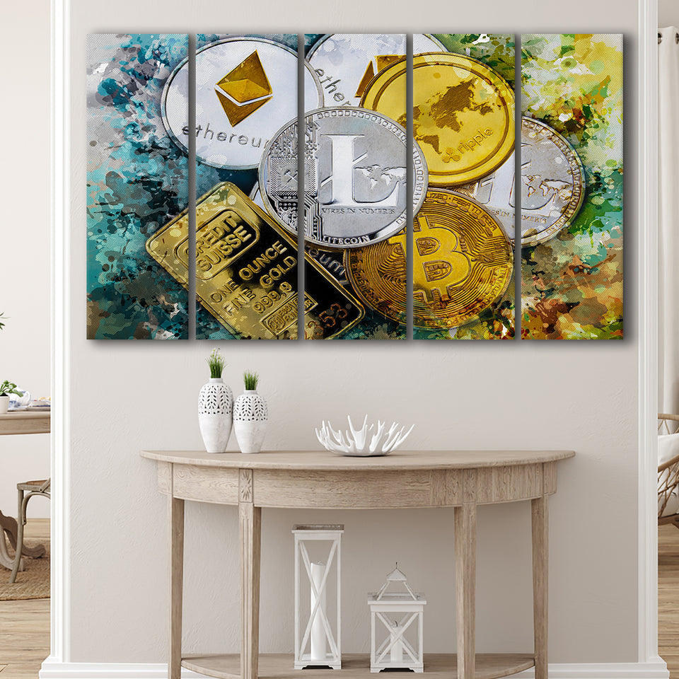 Abstract Cryptocurrency Painting 5 Piece B Canvas Prints Wall Art Decor, Multi Panels,Large Canvas, Home Decor