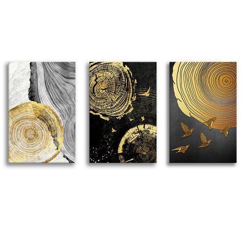 Abstract Golden Tree Rings Canvas Prints 3 Pieces Wall Art Decor - Painting Canvas, Multi Panel, Home Decor