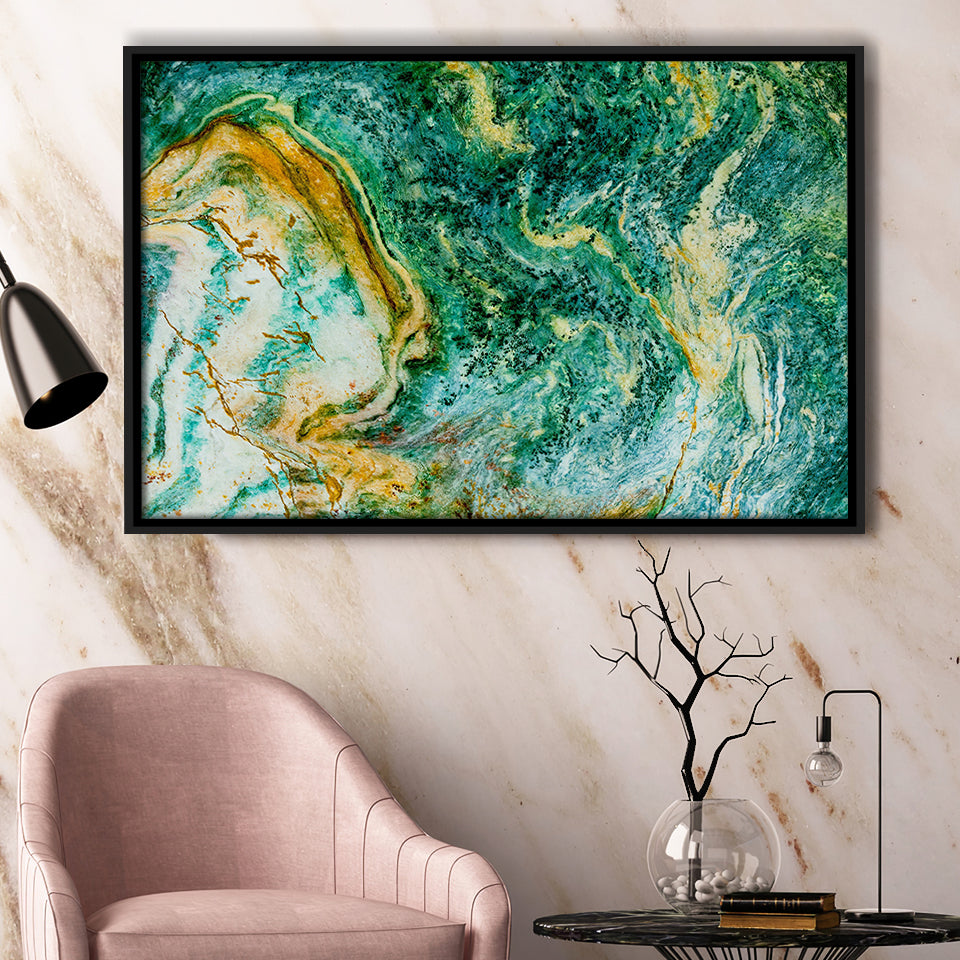 Abstract Green Marble Canvas Art, Contemporary Framed Canvas Prints Wall Art Decor, Black Floating Frame