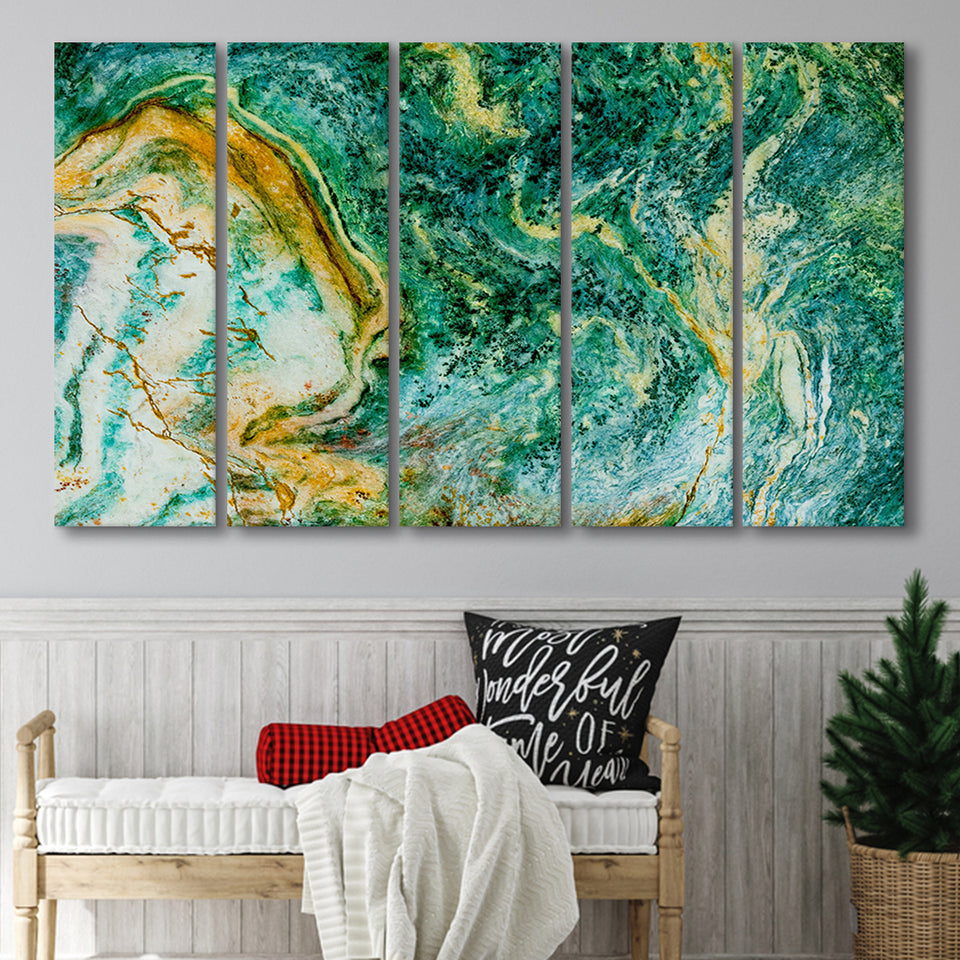 Abstract Green Marble Canvas Art, Contemporary 5 Panels B,Large Canvas,Canvas Prints Wall Art Home Decor