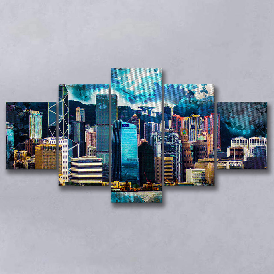 Abstract Hong Kong 5 Pieces Canvas Prints Wall Art Decor - Painting Canvas, Mixed Canvas, Multi Panels