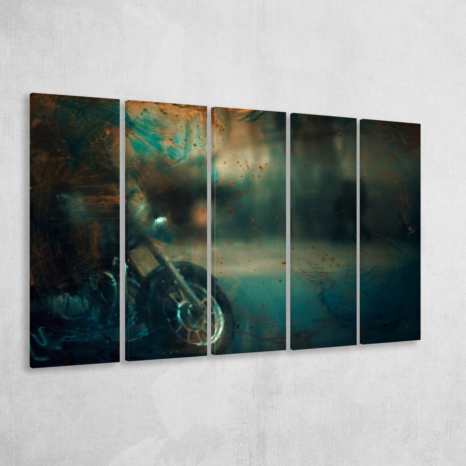 Abstract Motorcycle, Green Waves Painting 5 Panels B,Large Canvas,Canvas Prints Wall Art Home Decor