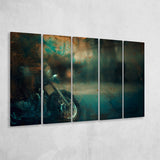 Abstract Motorcycle, Green Waves Painting 5 Panels B,Large Canvas,Canvas Prints Wall Art Home Decor